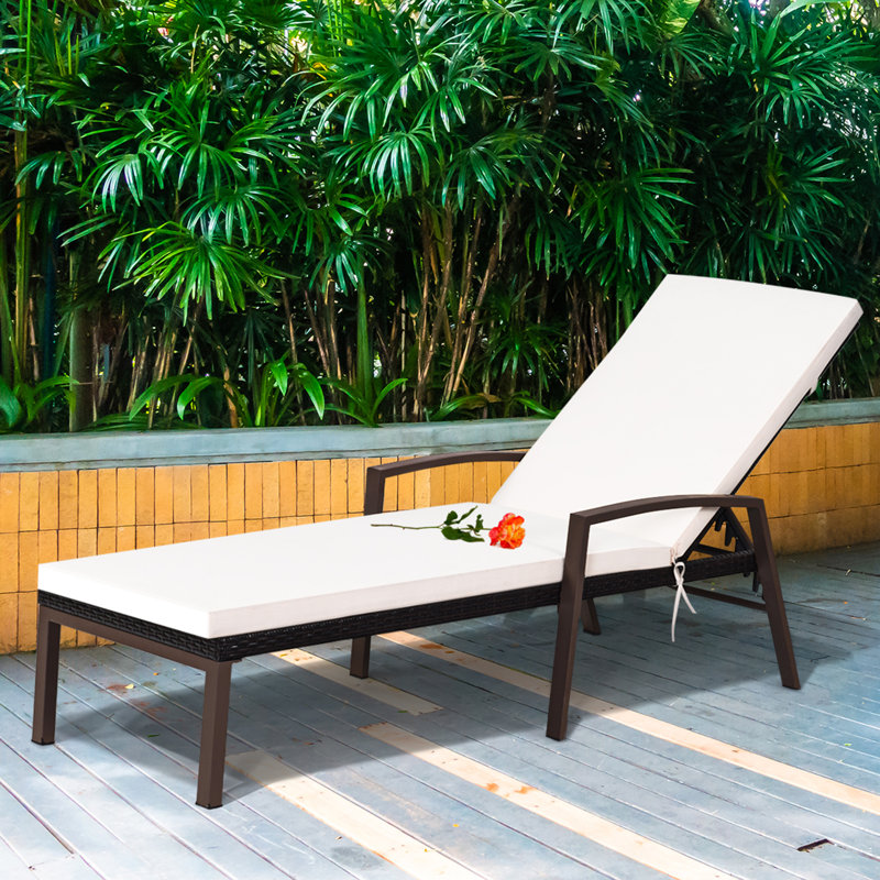 Ebern Designs Patio Rattan Lounge Chair Chaise Recliner Back Adjustable Cushioned Garden Red